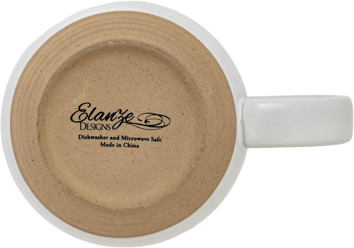 Elanze Designs Ribbed Ceramic Stoneware 16 ounce Raw Clay Bottom Coffee Mugs Set of 4, White