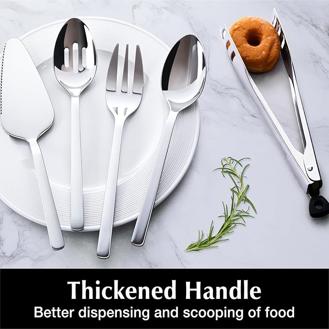 KINGSTONE Silverware Set With Serving Utensils, 65 Piece Flatware for 12, 18/10 Cutlery With 5 Piece Serving Utensil Set - Modern and Original Design, Dishwasher Safe