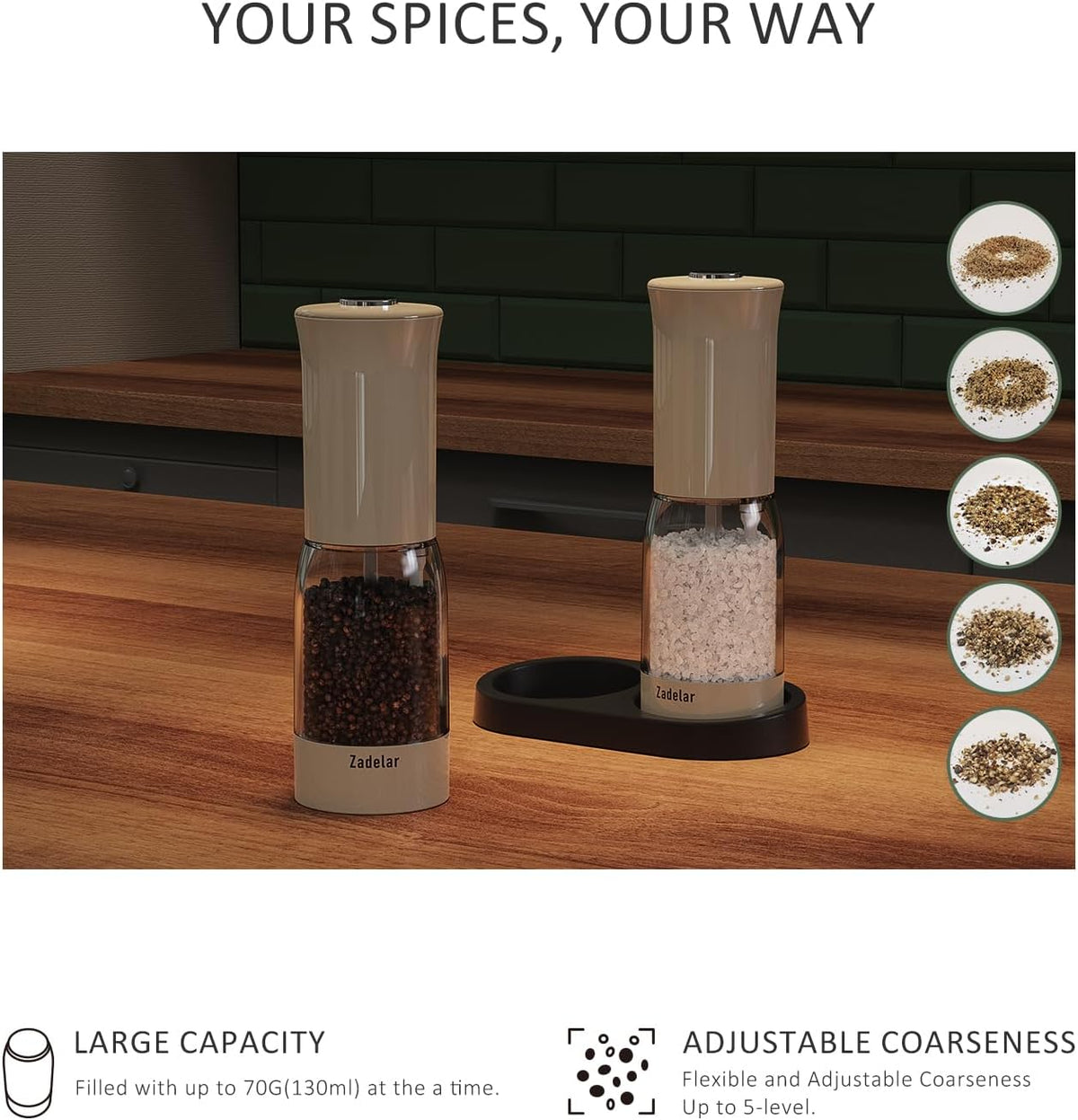 Electric Salt and Pepper Grinder Set with LED Power Display,Larger Capacity Salt and Pepper Shakers Set Rechargeable Electric with Flexible Coarsenes,LED Light,One Hand Operation for Kitchen(Khaki)