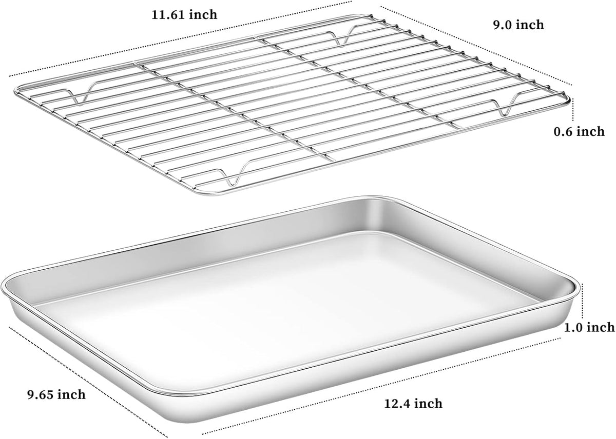 Deedro Baking Sheet with Rack Set [2 Sheets + 2 Racks], Stainless Steel Cookie Half Sheets Baking Pan Oven Tray with Cooling Rack, 12 x 10 x 1 Inch, Heavy Duty, Non-toxic, Easy Clean