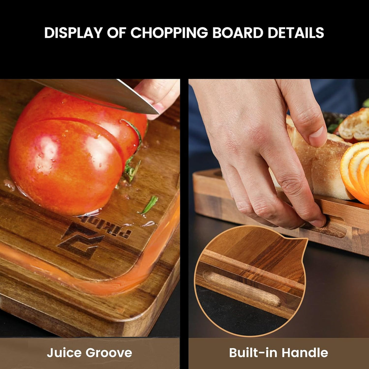 Cutting Boards Large Set of 7, Acacia Wood Charcuterie Chopping Board for Kitchen with Holder Non Slip Feet, Plastic Serving Board Mats, Juice Groove, Reversible Butcher Block for Meat Cheese Bread