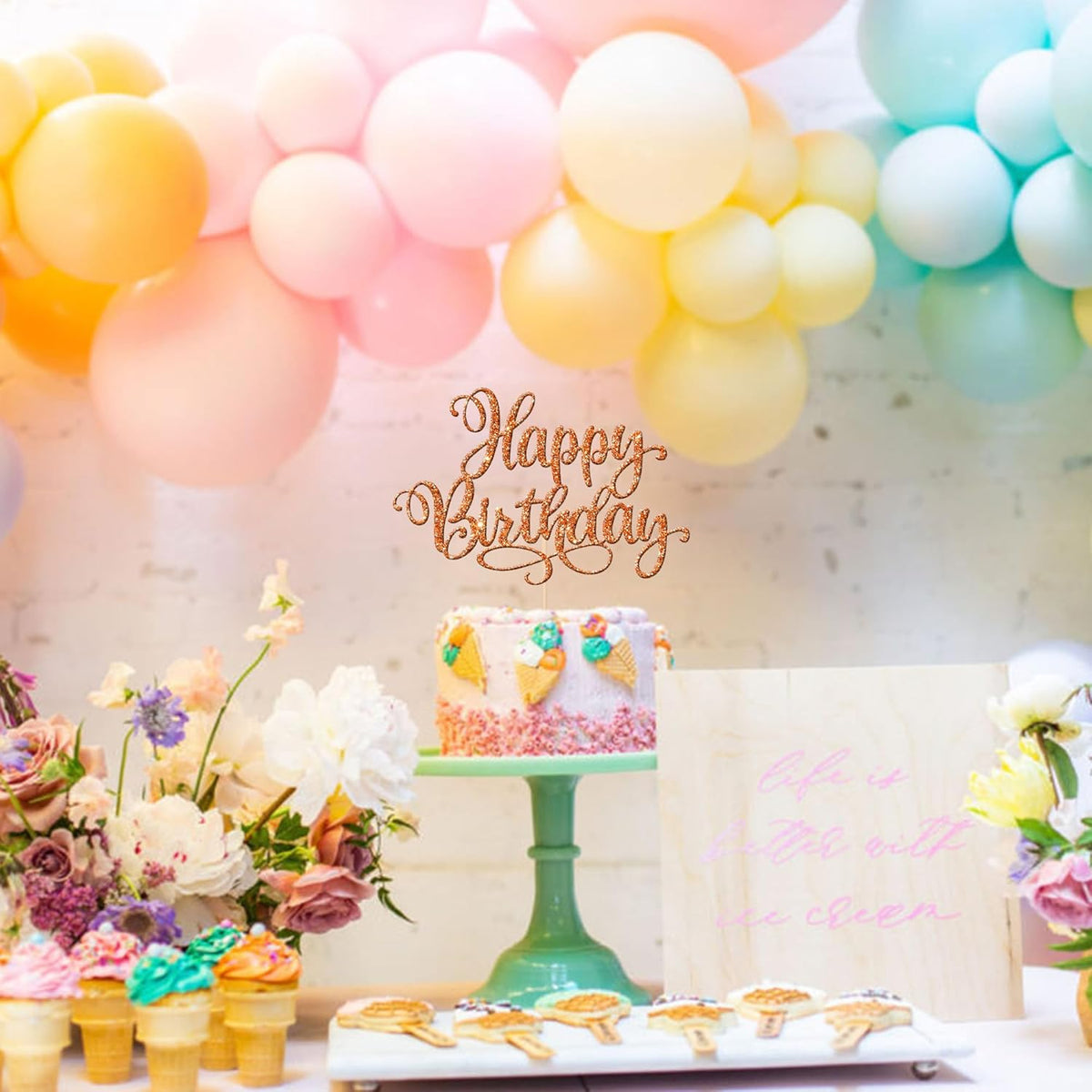 1 PCS Happy Birthday Cake Topper Glitter Happy Birthday Cake Pick Bunting Decor for Anniversary Celebrating Happy Birthday Party Cake Decorations Supplies Orange