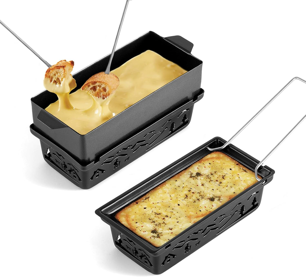 Swissmar Tandem Candle Fondue & Raclette Set - Portable 2-in-1 Tabletop Fondue Pot with Raclette Dish, Forks, Spatula & Tealight Candles