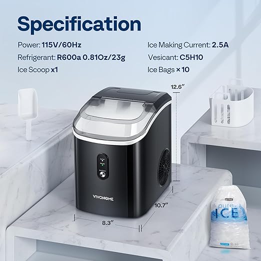 VIVOHOME Countertop Ice Maker 33lbs/Day Chewable Nugget Ice Cube Maker Machine 10 Ice Bags Self Cleaning Ice Cube Maker Black