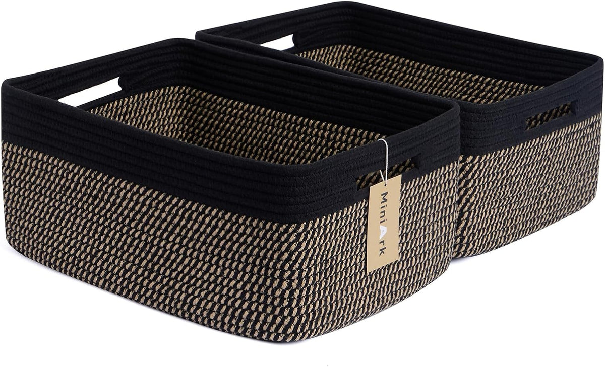Large Storage Baskets for Shelves, Closet Organizers Bins for Clothes Blanket Towels, Baby Nursery, Toy Baskets Box, Woven Rope Baskets, 17 x 13 x 7.5”, 2 Packs Woven Brown