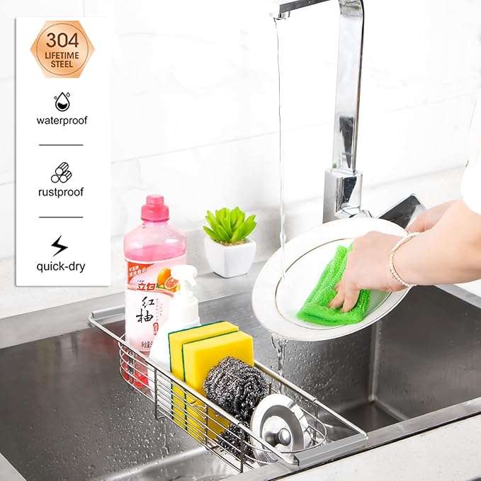 YQh Retractable Sink Drain Rack, 304stainless Steel Expandable Sink Storage Rack, Adjustabl Kitchen Sponge Drying Rack, soap Rack, Breathable Drainage (Adjustable Length 14in-18in)