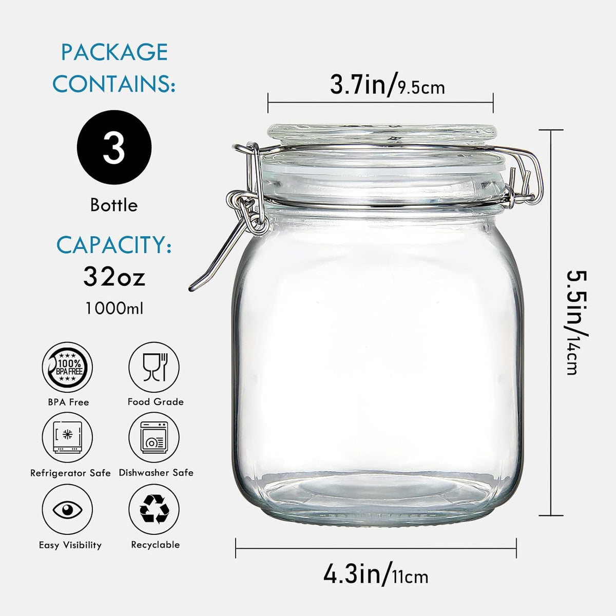 YEBODA 32oz Food Storage Canister Glass Jars with Clamp Airtight Lids and Silicone Gaskets for Multi-Purpose Kitchen Containers - Clear Square (3 Pack)