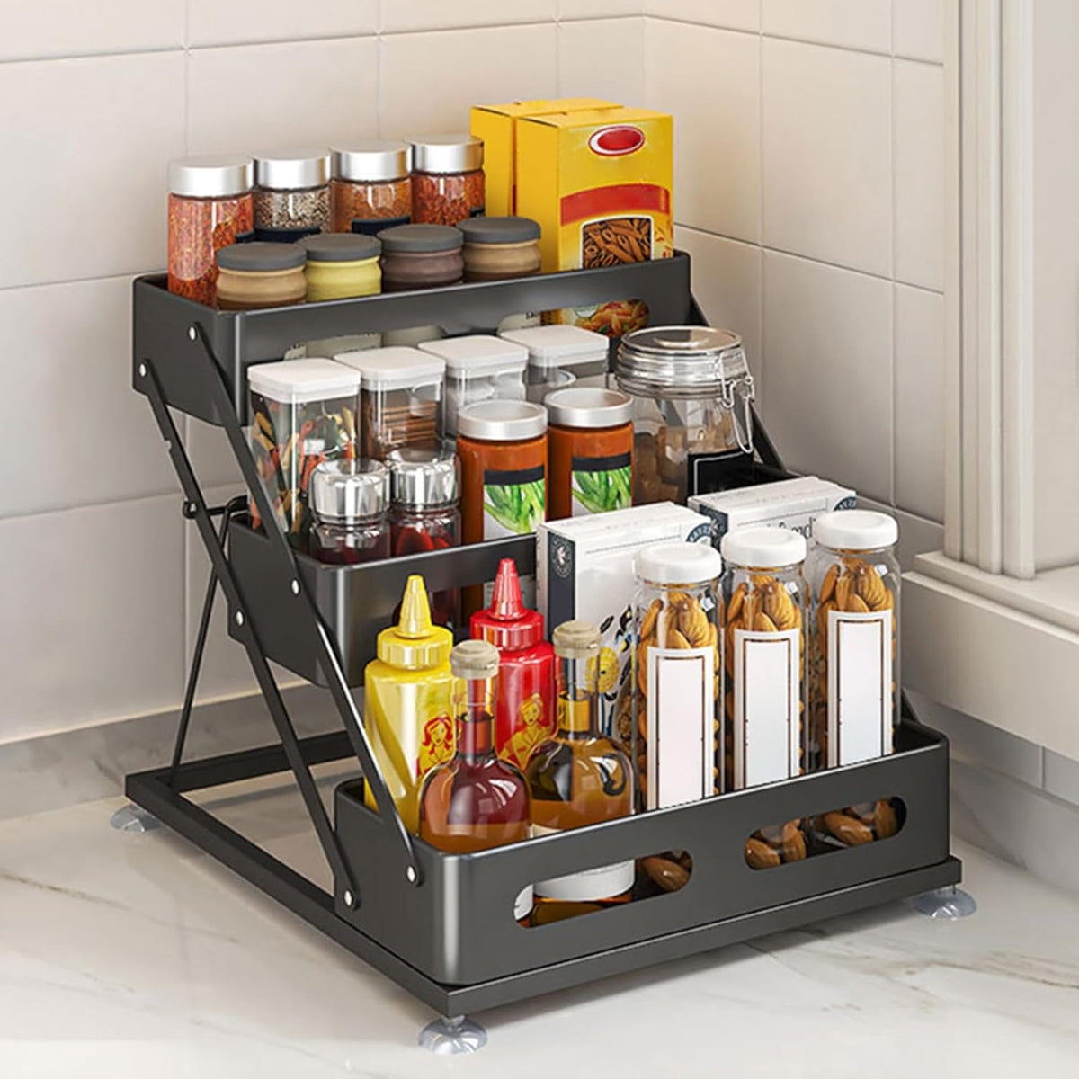 3 Tier Foldable Spice Rack for Countertop Iron Kitchen Seasoning Organizer for Cabinet, Black