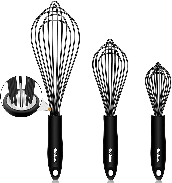 Silicone Whisk, Eddeas Stainless Steel & Silicone Non-Stick Coated Whisks set of 3-Heat Resistant Kitchen Whisks, Balloon Egg Beater Perfect for Blending, Whisking, Beating & Stirring, Black