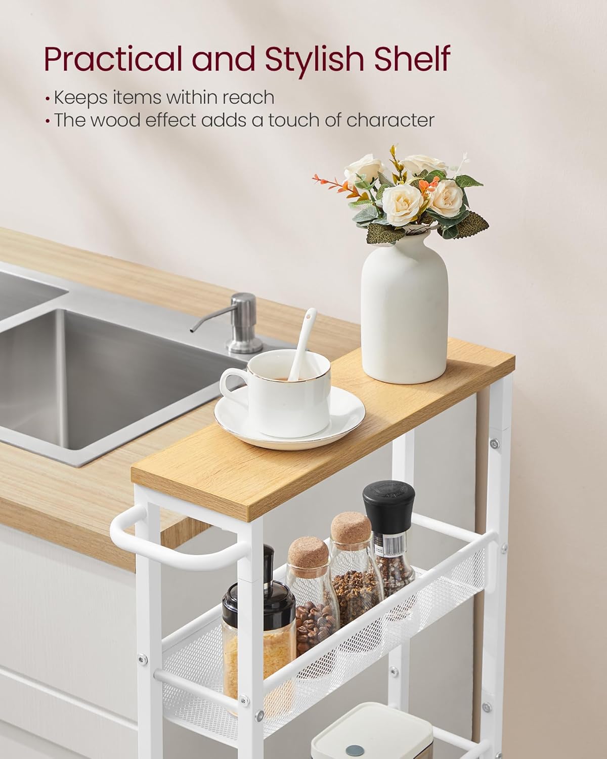 VASAGLE Slim Rolling Cart, 5-Tier Storage Cart, Narrow Cart with Handle, 5.1 Inches Deep, Metal Frame, for Kitchen, Dining Room, Living Room, Home Office, Oak Beige and Classic White ULRC034W09