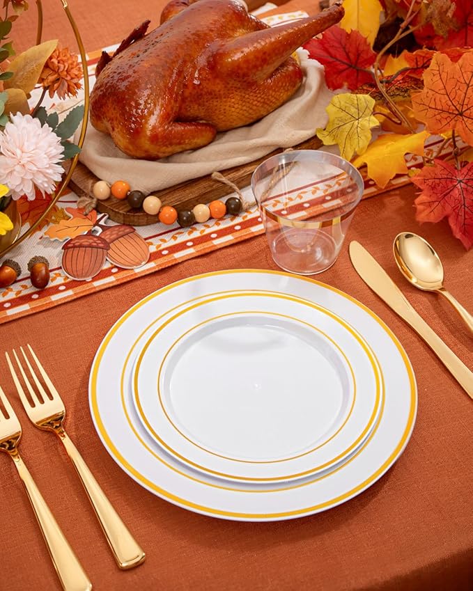bUCLA 150PCS Gold Plastic Dinnerware Set Disposable - Heavy Duty Gold Plates Include 25 Dinner & 25 Dessert Plates,25 Forks,25 Knives,25 Spoons&25 Cups for Party&Thanksgiving Table Decor