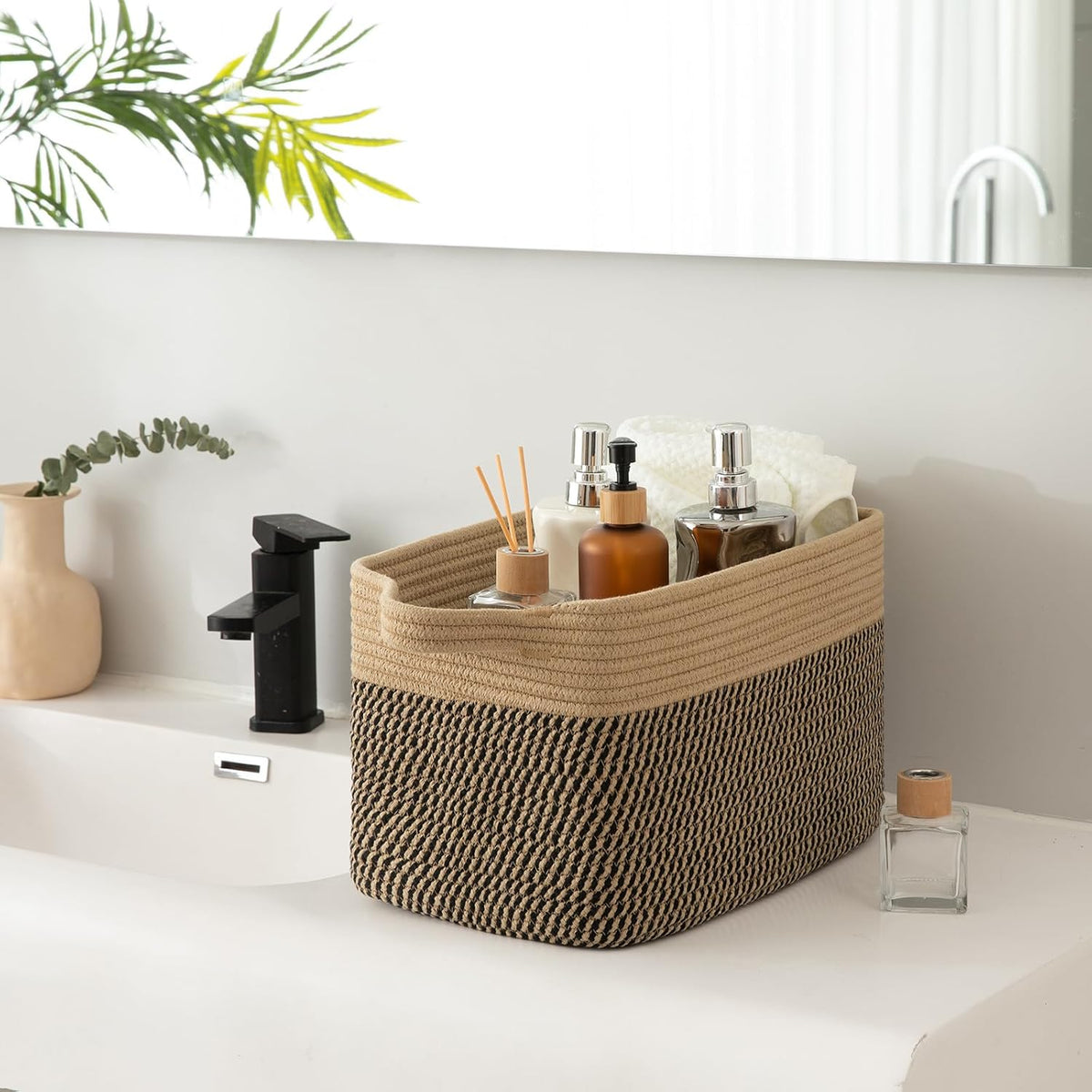 OIAHOMY 3 Pack Storage Basket for Organizing, 13''X9.85''X8.7'' Storage Bins,Woven Basket Basket with Handles, Toy Storage Basket Bin,Stylish Room Decor Basket, Brown & Black