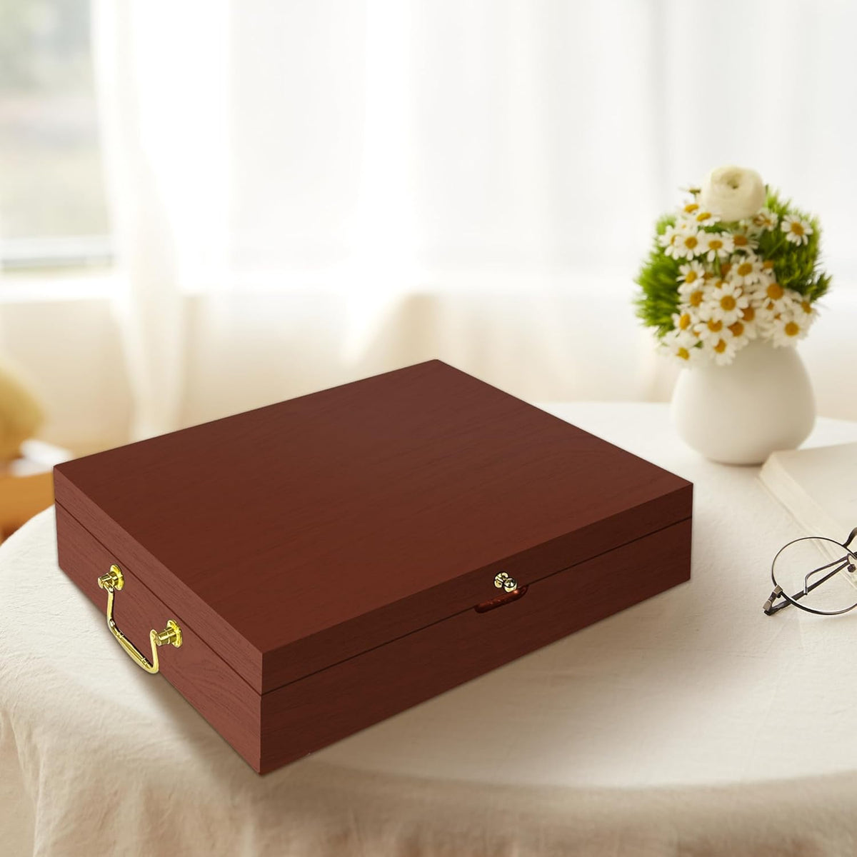 Silverware Storage Box Solid Wood with Lid, Silverware Organizer with Handle and Felt Lined, Silverware Storage Chest for Flatware and Utensils Home Decor Gift, Chest for Flatware Setting Up 15