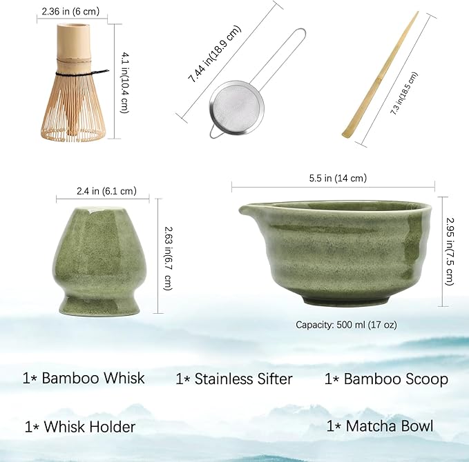 Matcha Set, Matcha Bowl with Spout, Matcha Whisk and Holder, Bamboo matcha Scoop and Stainless Sifter - 5 Pcs Jade Green Matcha Set Kit for Matcha Lover