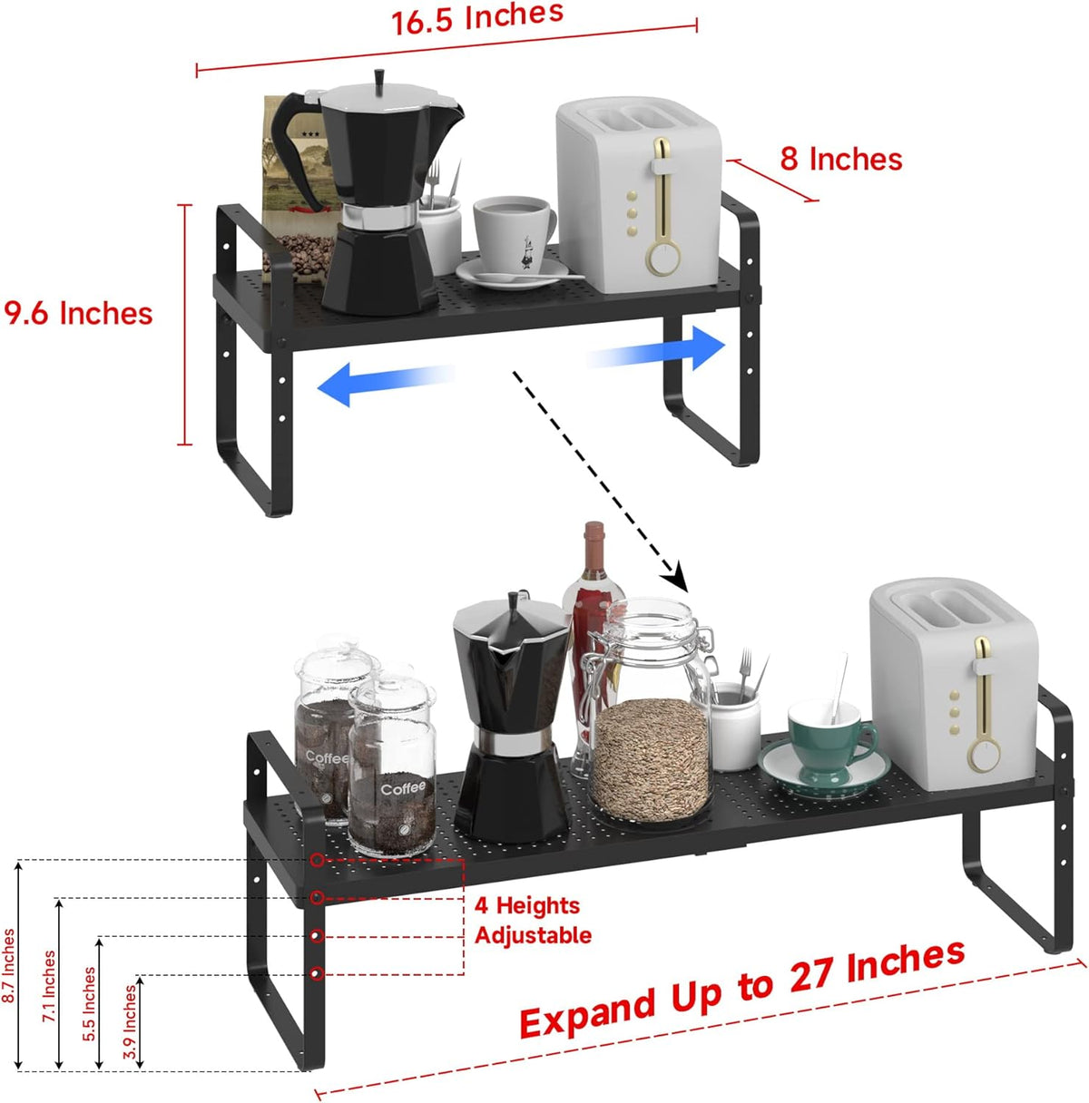 Expandable Cabinet Shelf Organizer Adjustable Metal Spice Rack Stackable Freestanding Counter Storage Shelves for Kitchen Cabinet Under Sink Office Desk (Black - 2Pack - L16.5-27'' * W8'' * H9.6'')