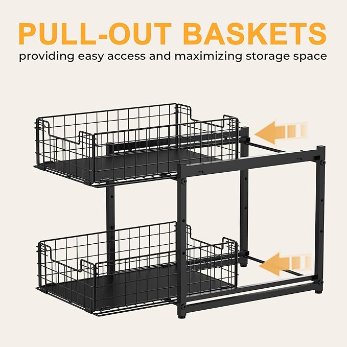 Under Sink Organizer, 2-Tier Pull Out Cabinet Organizer, Adjustable Height Bathroom Organizer and Storage, Spice Rack for Kitchen, Sliding Drawers Shelves 13.8×11×15.8 Inch (1 Pack)