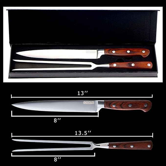 Benowo Carving Knife Set 2-Piece, 8-inch Turkey Carving Knife and Fork Set Stainless Steel Kitchen Knife for Steak, Hibachi Knife and Fork, BBQ Carving Fork with Gift Box – Designed in USA