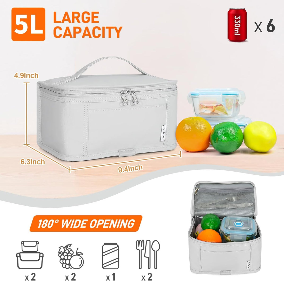 NOL Natural Organic Lifestyle Small Lunch Bag Mini Lunch Box Insulated Lunch Bag for Men/Women Leakproof Cooler Tote Bag Lightweight Nylon Waterproof Lunch Box For Work, Gray white