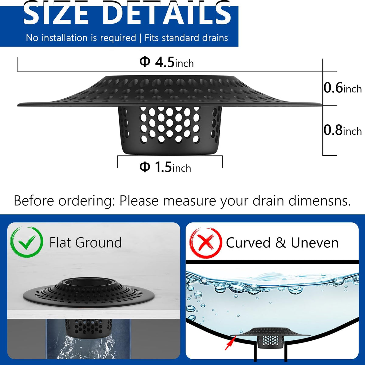 MFTEK Drain Hair Catcher Tub Drain Protector, Stainless Steel Bathtub Shower Drain Hair Stopper Strainer Trap for Shower Bathroom Sink to Catch Hair (Black)