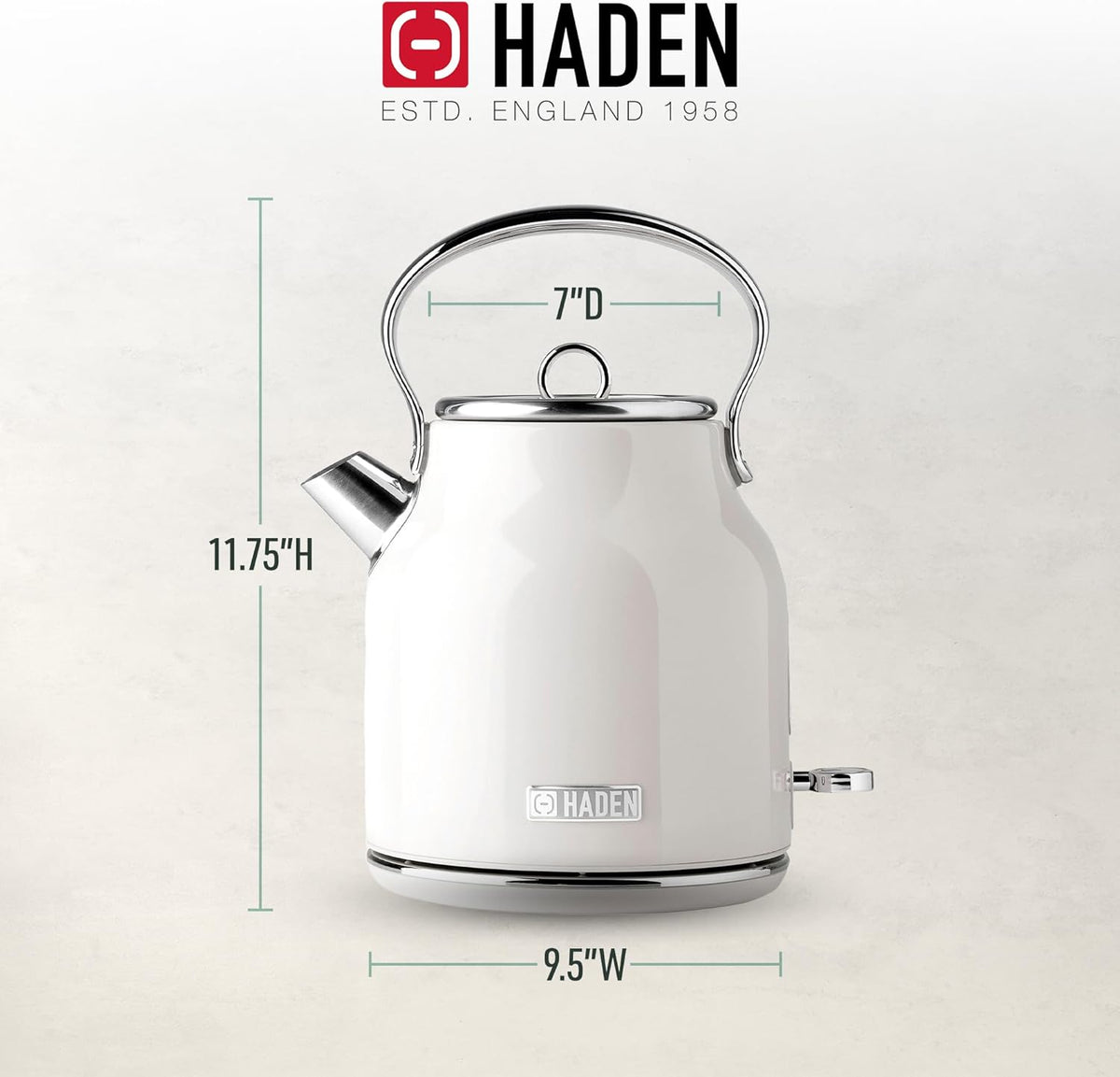 Haden Heritage 1.7 Liter Stainless Steel Electric Kettle, Hot Water Kettle with 360-Degree Base and Auto Shutoff, Ivory & Chrome