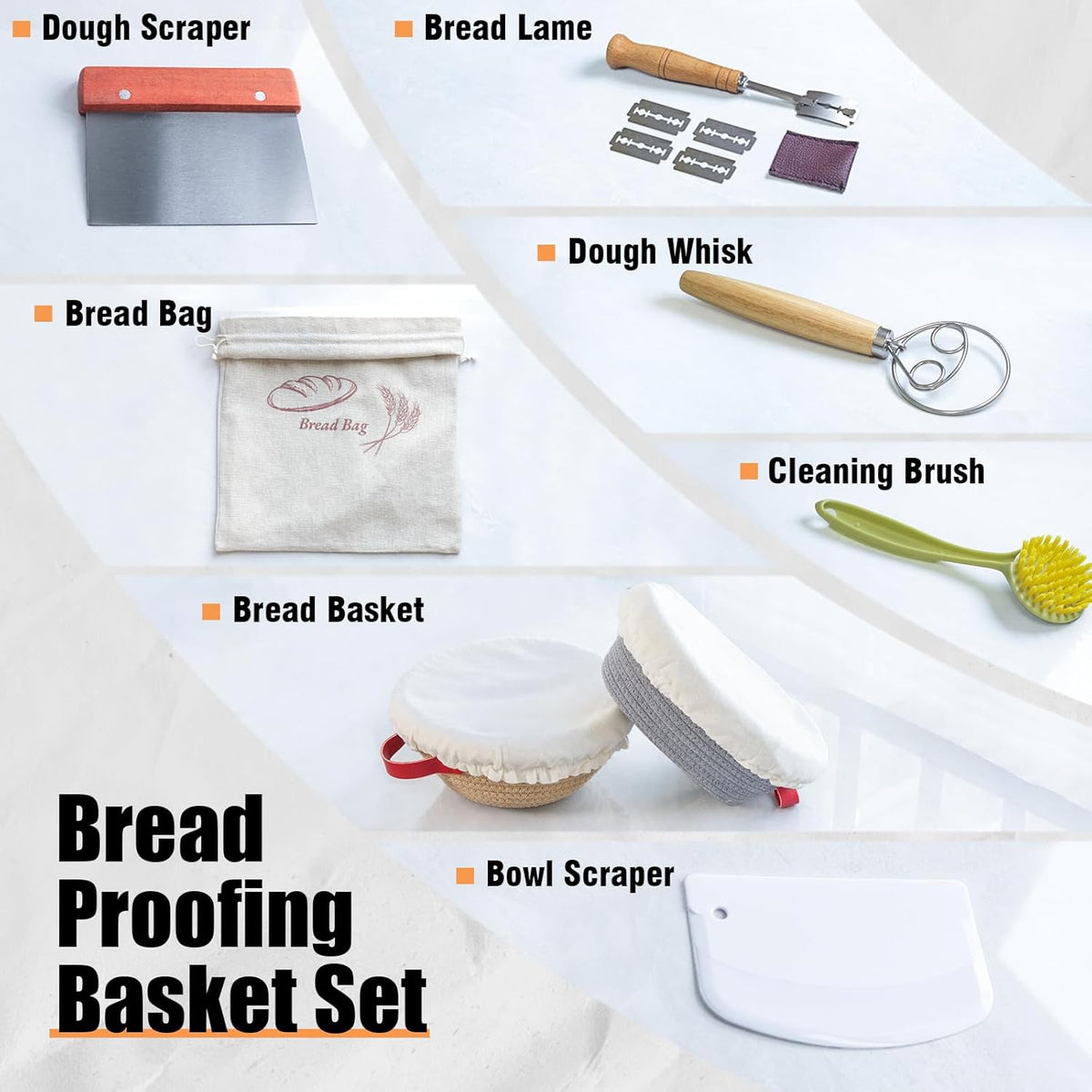 Round & Oval Banneton Bread Proofing Basket set, Sourdough Starter Kit With Bread Storage Bag, Dough Whisk, Scoring Lame, 2 Scrapers, Cleaning Brush, Sourdough Baking Supplies for baker