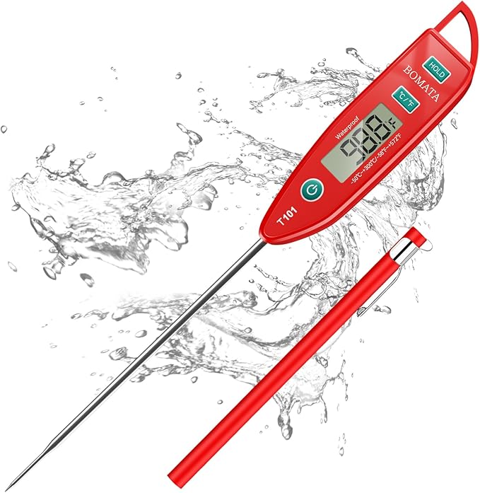 BOMATA Waterproof IPX7 Thermometer for Water, Liquid, Candle and Cooking. Instant Read Food Thermometer with Long Probe for Cooking, Meat, BBQ! T101 (Red Color)………