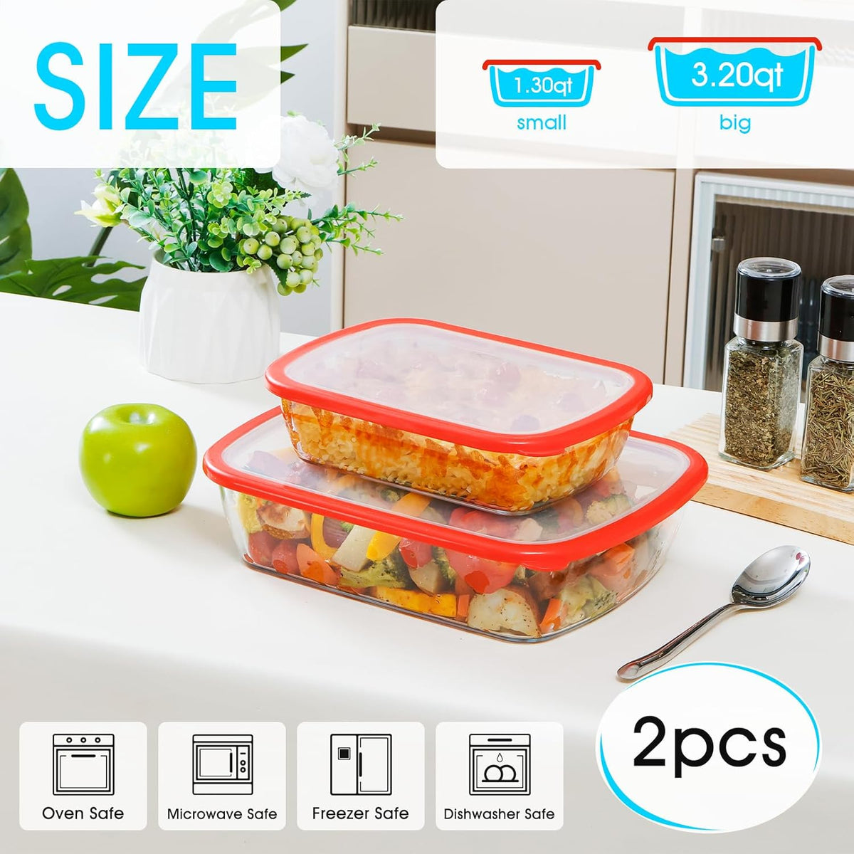 NUTRIUPS 2-Piece 9x11 & 9x6 Rectangular Glass Baking Dish with Lid Set, Deep Baking Pan, Oven Dishwasher and Microwave Safe (Tempered Glass, 1.3 QT, 3.2 QT)