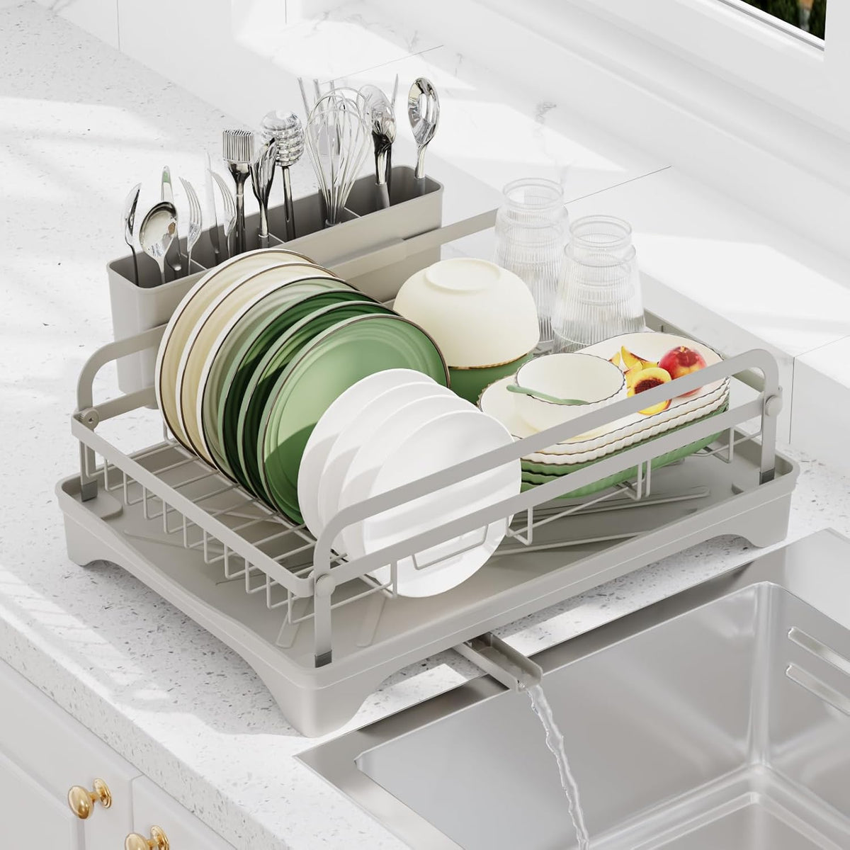 Dish Drying Rack - Space-Saving Dish Rack,Dish Racks for Kitchen Counter with Drainboard,Rustproof Countertop Dish Drainer with Utensil Holder for Sink Grey