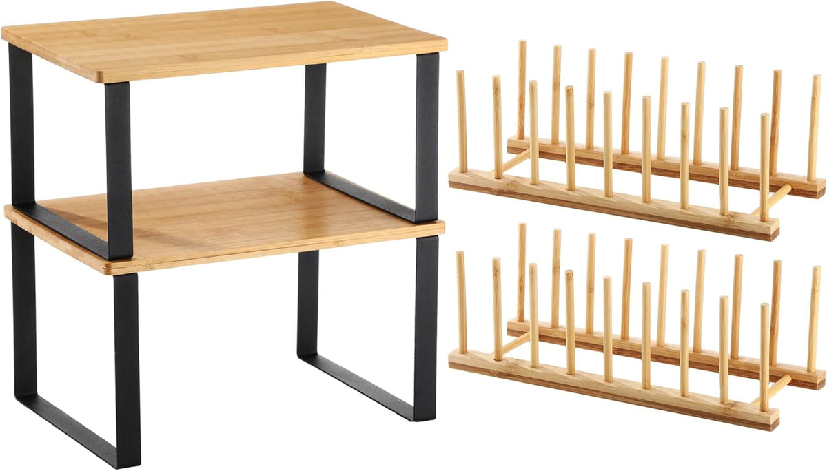 Marsui 4 Pcs Kitchen Organizer Accessories Set Cabinet Organizer Shelf and Bamboo Dish Drying Plate Rack Counter Shelves Storage Holder for Spice Rack, Dish, Pot Lid, Bowl, Cup(Light Color)