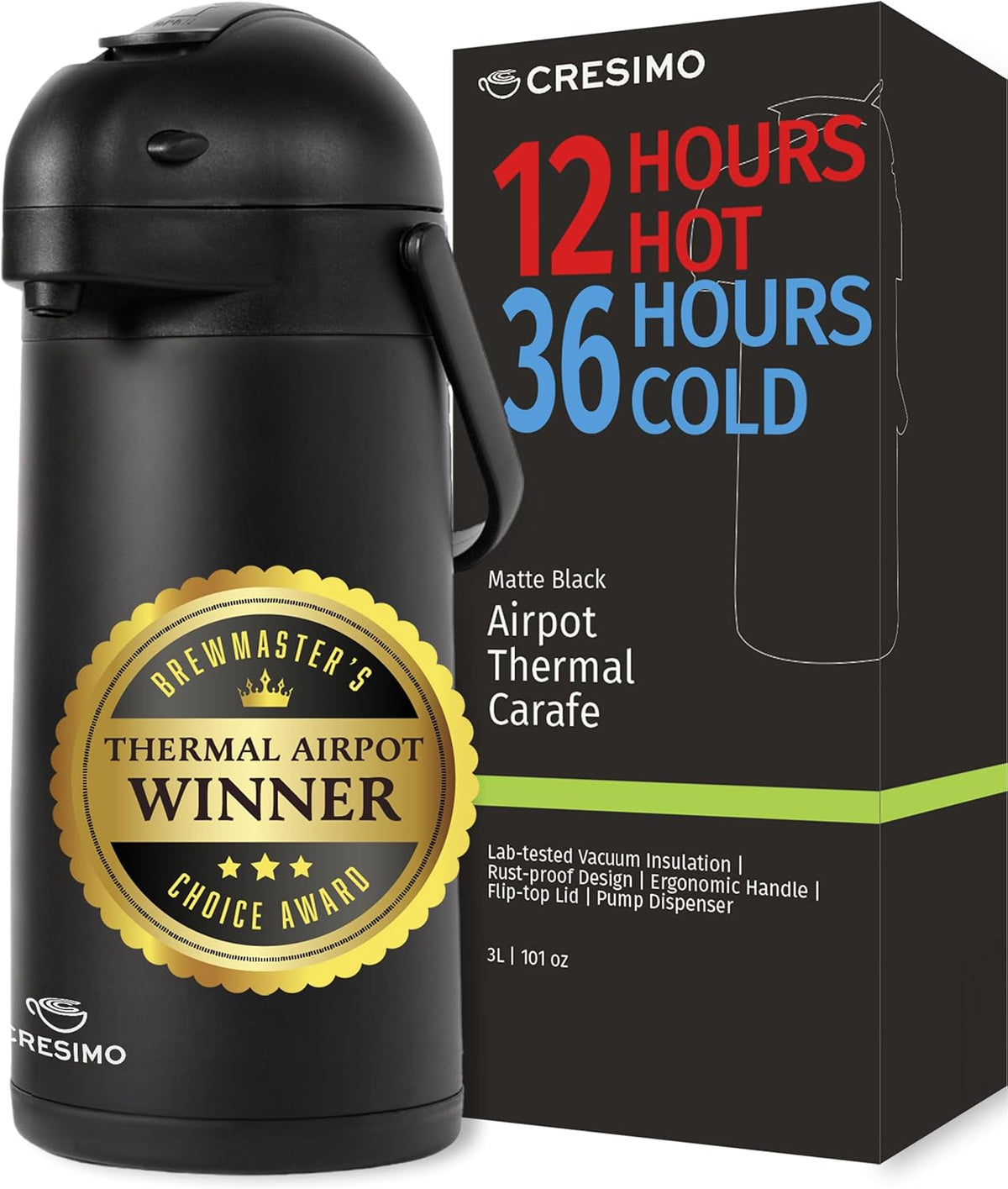 Airpot Coffee Dispenser With Pump, Black - 12 Hours Hot Water Dispenser with Pump, 36 Hours Cold - Coffee Thermal Carafe for Hot Drinks, Tea Flask for Beverages -Large Carafe w/ One-Handed Dispensing