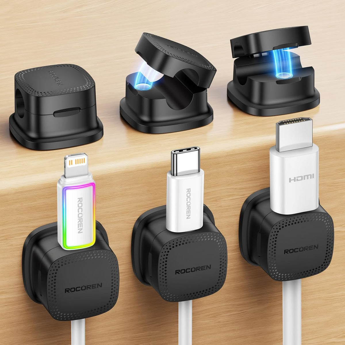 6 Pack Cable Management Cord Organizer,Magnetic Cable Clips-1s Lock,Rocoren Desk Adhesive Cord Cable Clip Wire Holder Keeper for Phone Charger Wire,Nightstand,Car,Office,Desktop Accessory,Black