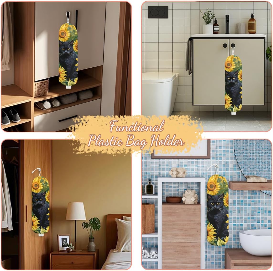 Sunflower Cat Plastic Bag Holder, Wall Mount Grocery Bag Holder, Plastic Storage bag, Pull Rope Free Adjustment, Plastic Bag Holders for Grocery Bags, Plastic Bag Dispenser for Home Kitchen