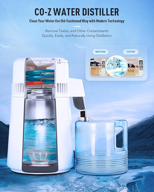 CO-Z 1.1 Gallon Water Distiller, 750W Countertop Home Office Countertop Distiller Water Making Machine, 4L Distilled Clean Water Maker, Distill Distilling Water Purifier Distillers, Pure Water Maker