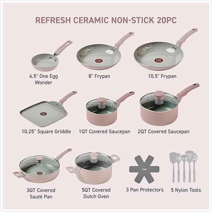 T-Fal Refresh Ceramic Pots and Pans Set, Nonstick Cookware, 20-Piece, Oven Safe to 350°F, Ceramic Cookware Set, Stockpot, Griddle, Frying Pans, Utensils, Dusty Rose