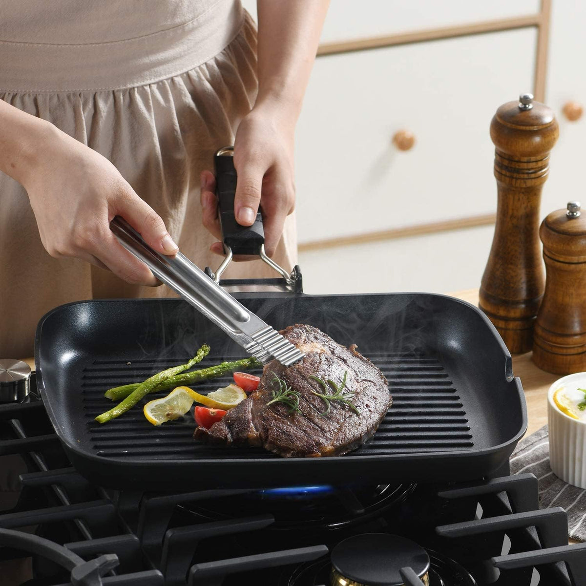 SKITCHN Grill Pan with Folding Handle, Nonstick Indoor BBQ Grilling Pan - 13 9IN