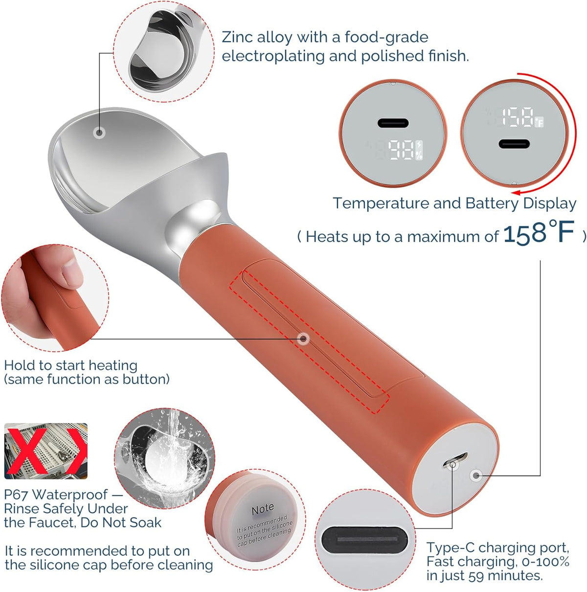 Heated Ice Cream Scoop Rechargeable, Electric Warming Ice Cream Scooper with LED Display, Heats to 158°F for Hard Ice Cream, Easy for Seniors & Kids, IP67 Waterproof (Mocha Brown, 2oz)