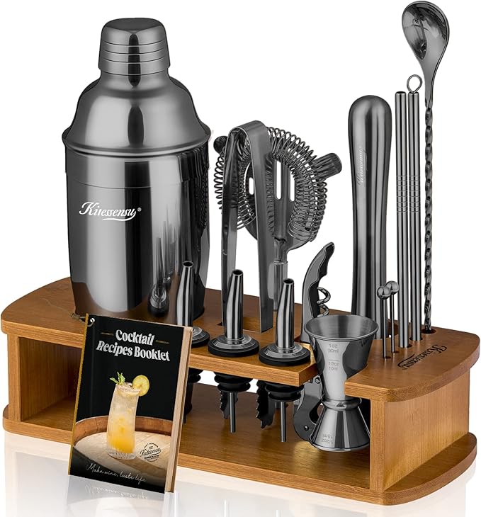 KITESSENSU Cocktail Shaker Set Bartender Kit with Stand | Bar Set Drink Mixer Set with All Essential Bar Accessory Tools: Martini Shaker, Jigger, Strainer, Mixer Spoon, Muddler, Liquor Pourers | Black
