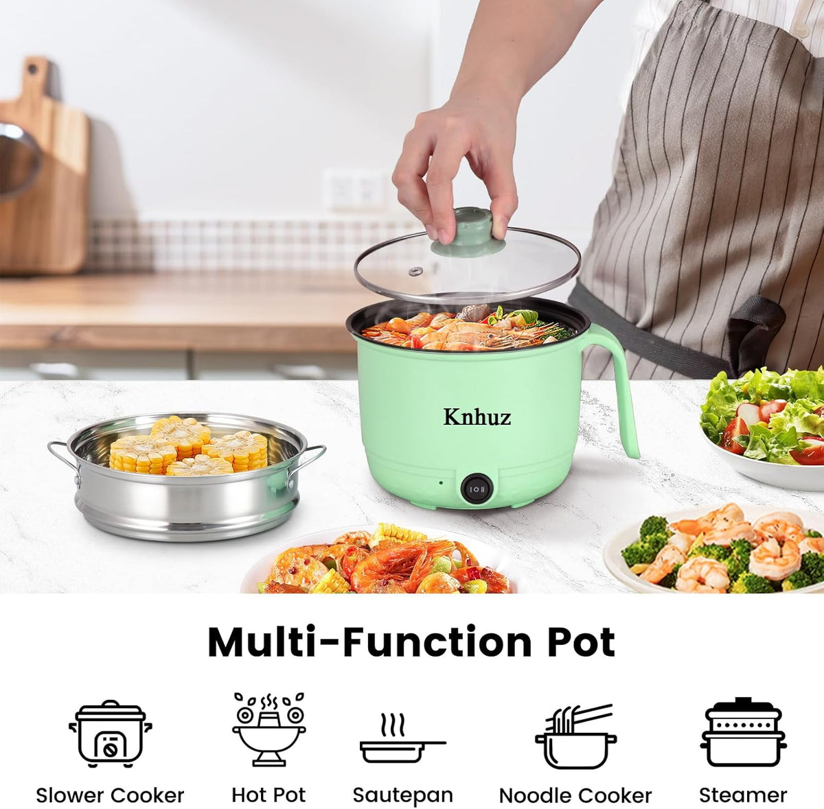 Hot Pot Electric With Steamer,Rapid Ramen Cooker,1.8L Mini Portable Self Heating Electric Pot For Cooking Noodles Oatmeal Pasta,Shabu Shabu Hotpot Pot Electric Dorm Lazy Pot,Non-Stick Green