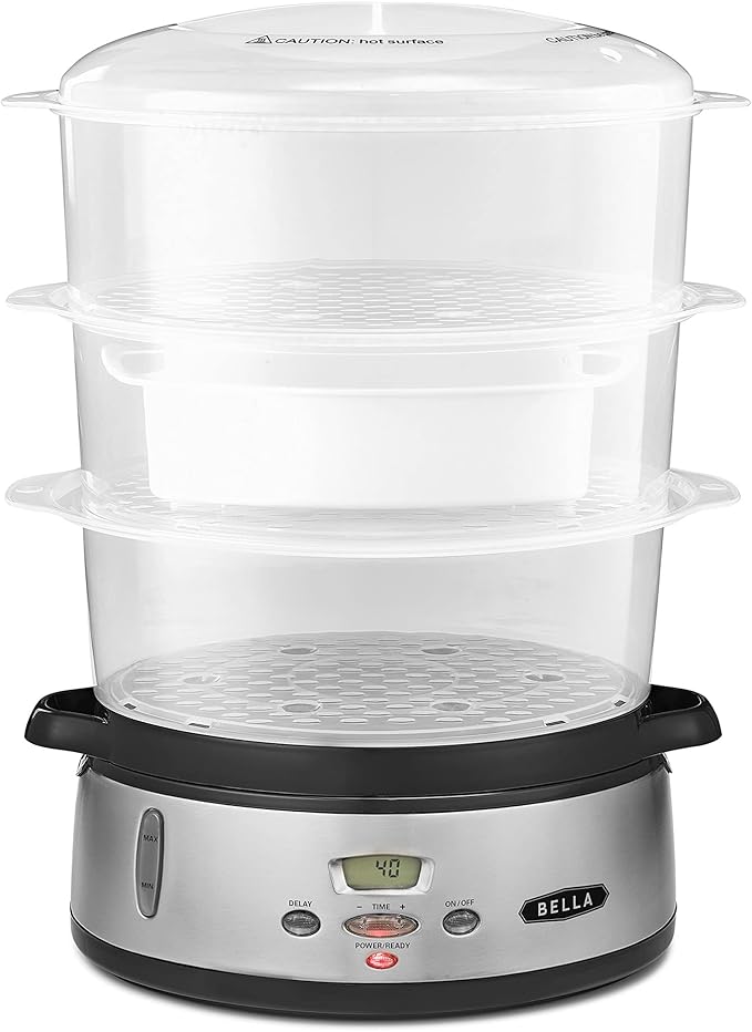 BELLA 9.5 QT Triple Tier Digital Food Steamer, Healthy Fast Simultaneous Cooking, Stackable Baskets for Vegetables or Meats, Rice/Grains Tray, Auto Shutoff & Boil Dry Protection, Stainless Steel