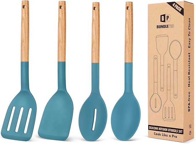 Pack of 4 Silicone Cooking Utensils Set, Non Stick Solid Spatulas and Heat Resistant Slotted Spoons with Wooden Handle, Ideal Wood Kitchen Utensils Set for Frying,Serving,Turning,Stirring (BLUE)