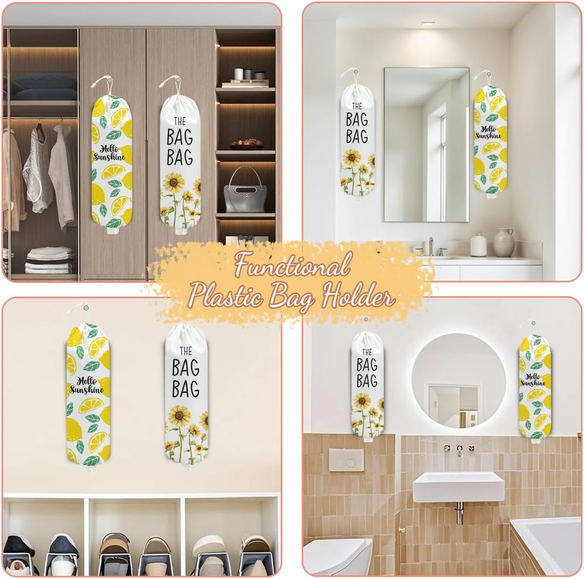 2 Pcs Sunflower Plastic Bag Holder, Lemon grocery bag holder for plastic Storage bag, Reusable Grocery Bag Organizer with Drawstring, Pull Rope Free Adjustment, Home Kitchen Pantry Decor, 22.5x9 Inch