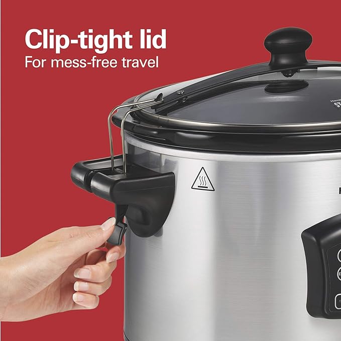 Hamilton Beach Portable 6 Quart Set & Forget Digital Programmable Slow Cooker with Lid Lock, Temperature Probe & Defrost Setting, Dishwasher Safe Crock & Lid, Silver (33869)