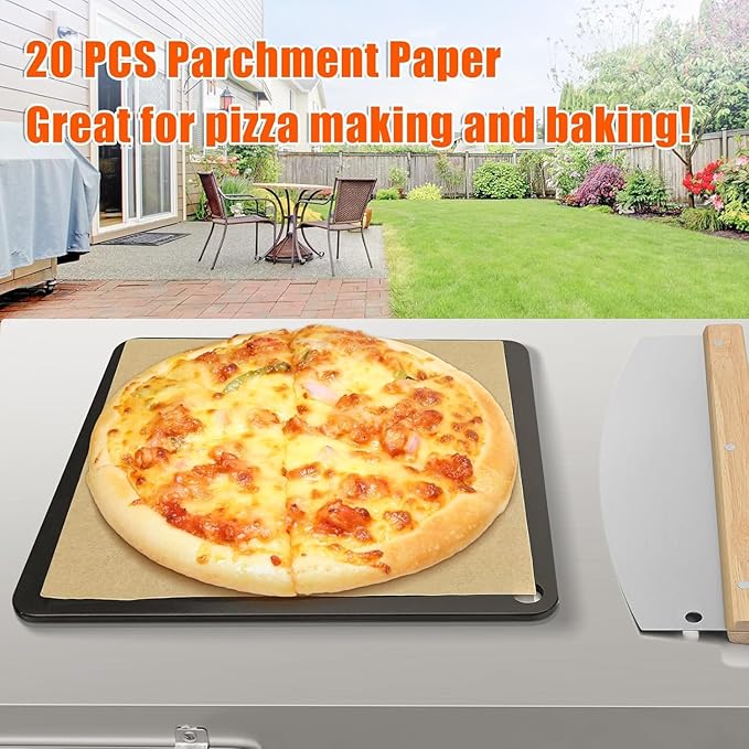 Hisencn Pizza Steel for Oven and Grill, 16 x16 inch Square Ceramic Pizza Steel 1/4" Thick, With Pizza Cutter Rocker, Measuring Scale Scraper, Plastic Cutter & 20 Cooking Papers
