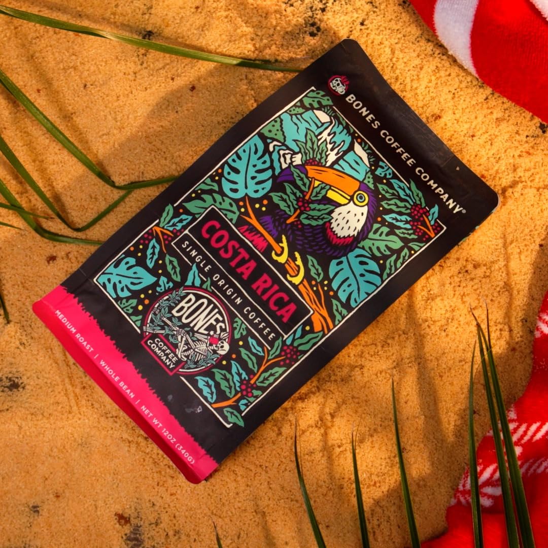 Bones Coffee Company Costa Rica Single-Origin, Cocoa, Nutty and Milk Chocolate Notes, Whole Coffee Beans, Low Acid Medium Roast Arabica Beans Flavored Coffee for Auto drip, 12 oz Whole Bean