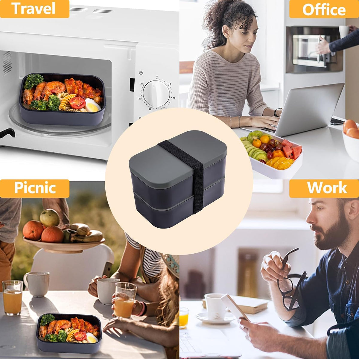 Stackable Bento Box with Utensils Microwave Safe, All-in-One Meal Prep Compartment Lunch Containers Leak Resistant Lunch Box with Sauce Container 60oz Gray(without bag)