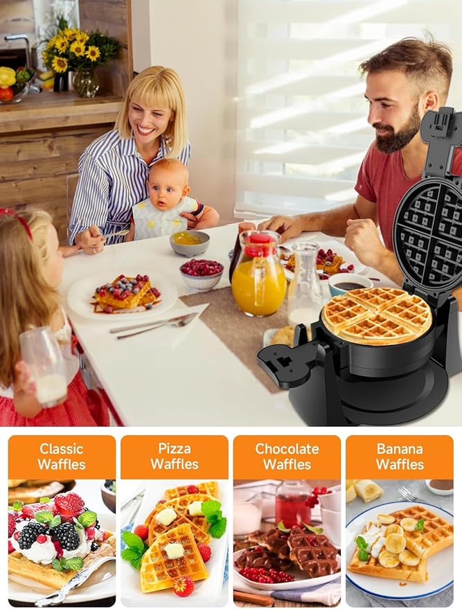 Waffle Maker, 1400W Double Belgian Waffle Iron 180° Flip, 8 Slices, Rotating & Nonstick Plates, Removable Drip Tray for Easy Cleaning, Cool Touch Handles, Space Saving Storage, Black
