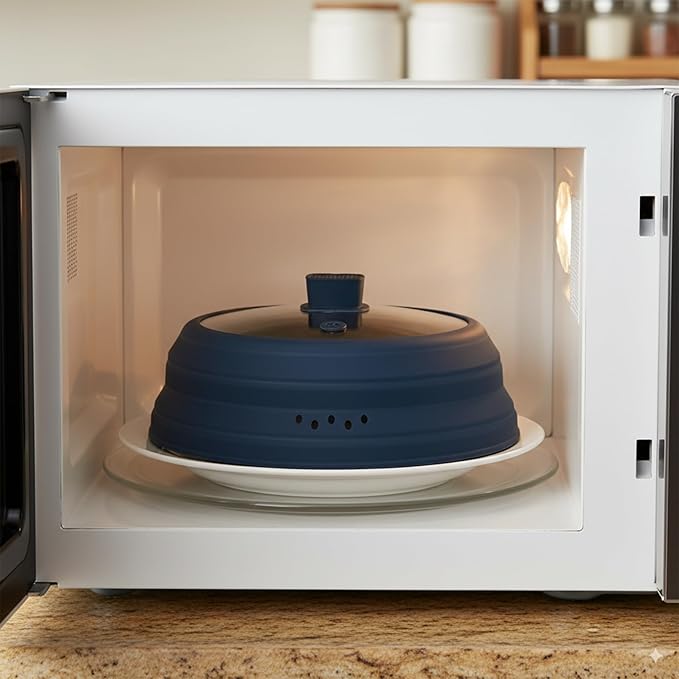 Microwave Splatter Cover Glass Microwave Cover for Food Collapsible Splatter Guard Lid with Silicone Handle for Pot Plate Bowl 10.8 Inch Blue