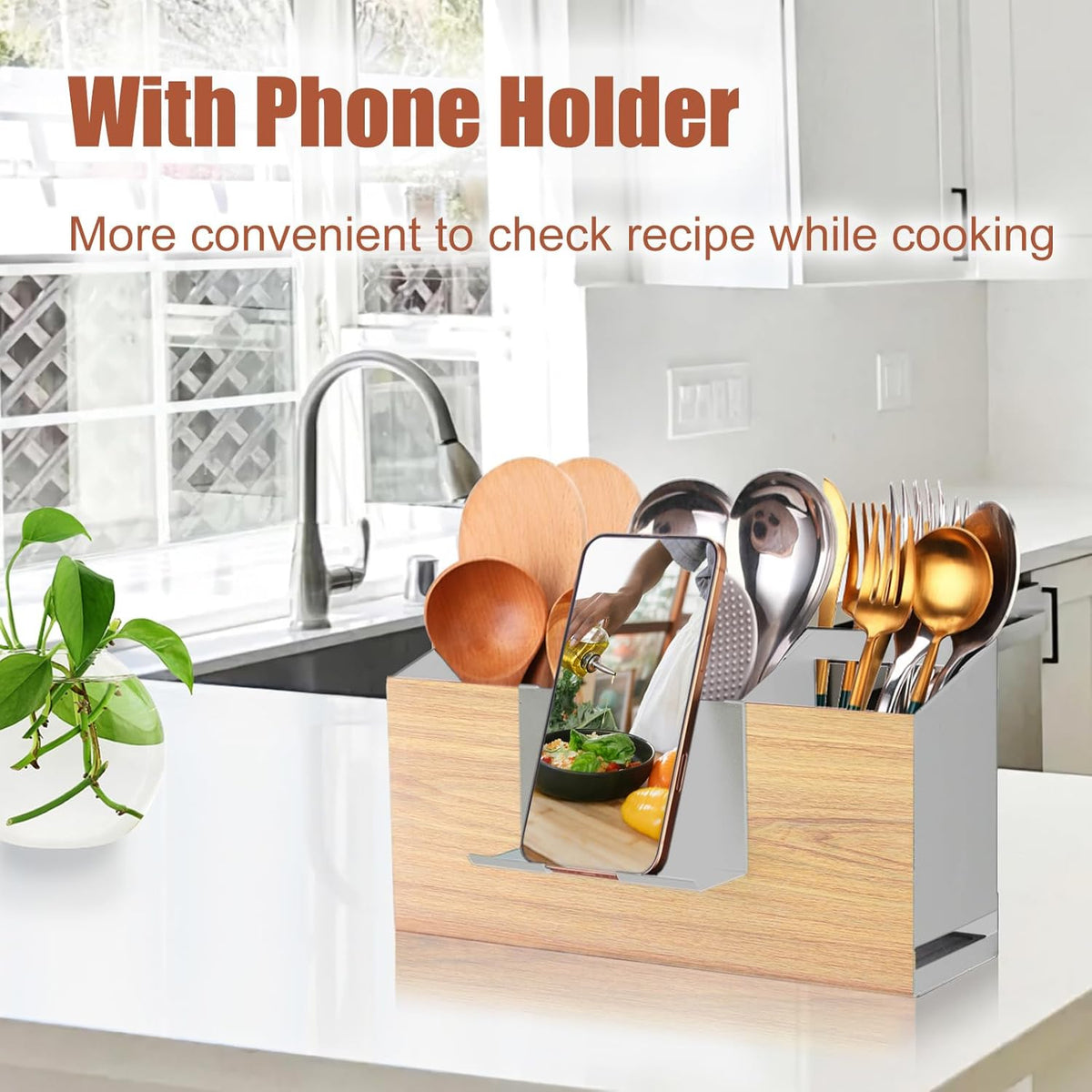 Utensil Holder Large Iron Flatware Container with 3 Compartments Countertop Wall-mounted Kitchen Utensil Storage (White)