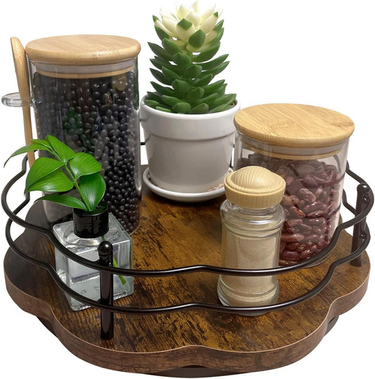 12" Lazy Susan Turntable Organizer with Higher Metal Sides, Wooden Lazy Susan Spice Rack Organization and Storage for Cabinet,Kitchen,Countertop,Table Top,Dining Table,Coffee Bar Decor