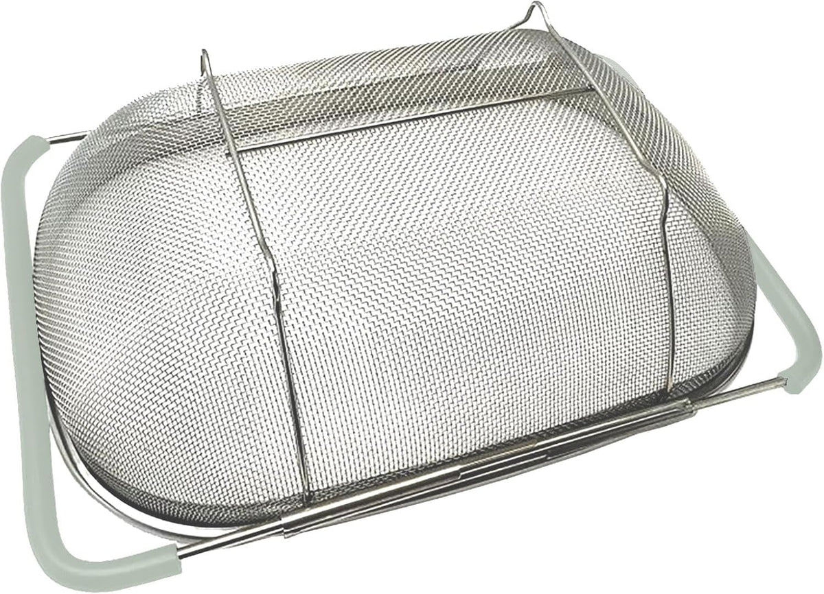 Over The Sink Colander, 6 Quarts Stainless Steel Oval Colander with Expandable Rubber Grip Handle, Fine Mesh Strainer Baskets Kitchen Colanders for Strain, Drain, Rinse Vegetables, Mint Green
